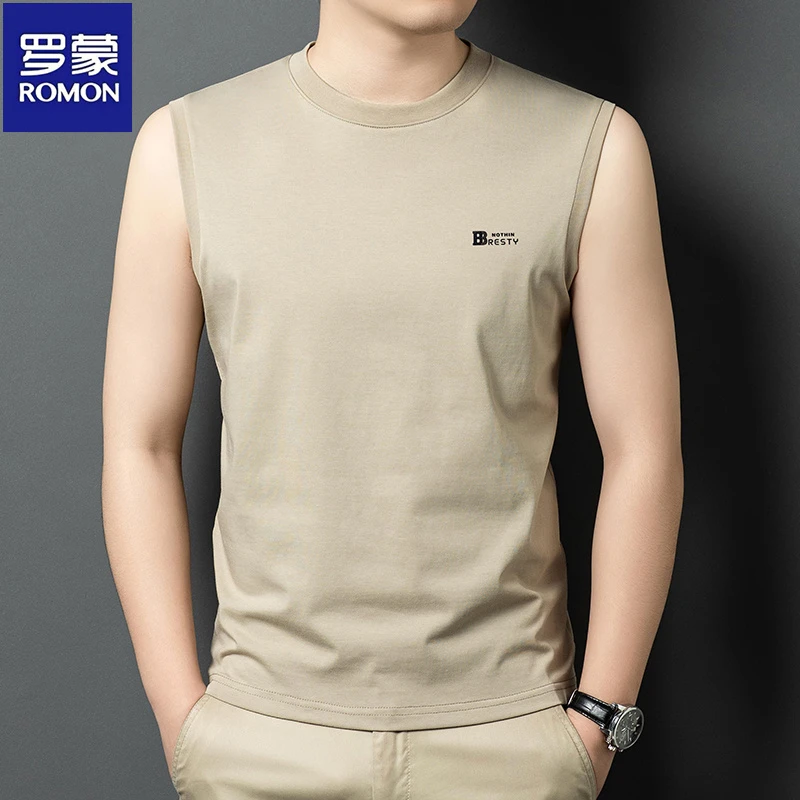 罗蒙夏季男士印花无袖T恤圆领卡其色背心透气薄款百搭纯色汗衫男