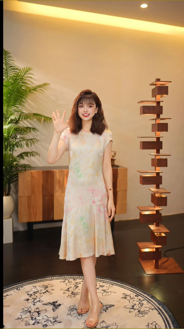 【鎏金幻彩】G839夏季新款短袖长款法式印花连衣裙（耶耶）禁机洗