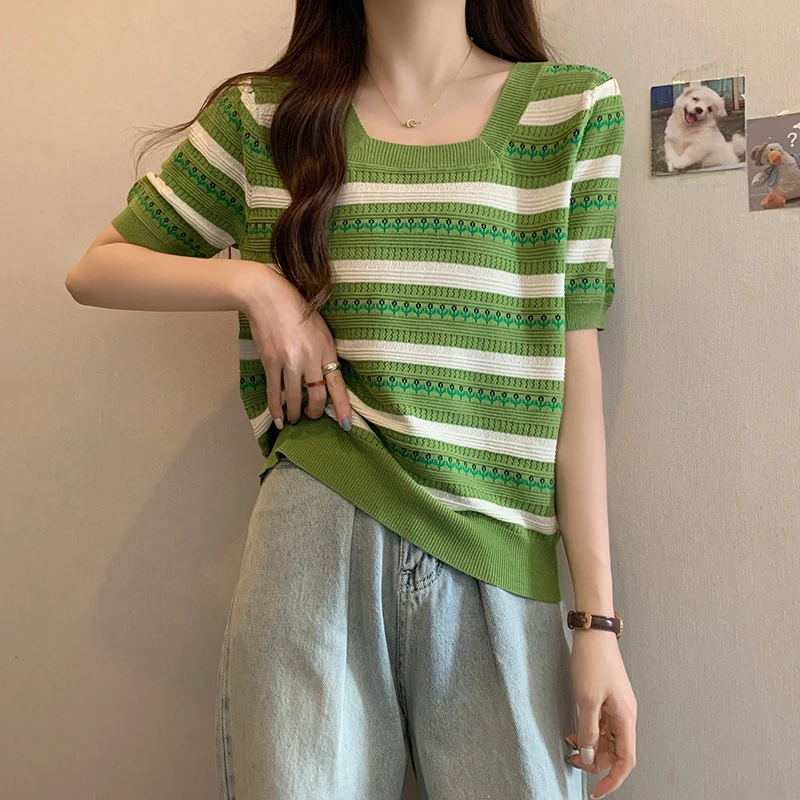 8263夏装大码2025女装方领针织短袖T恤胖mm宽松条纹洋气冰丝上衣