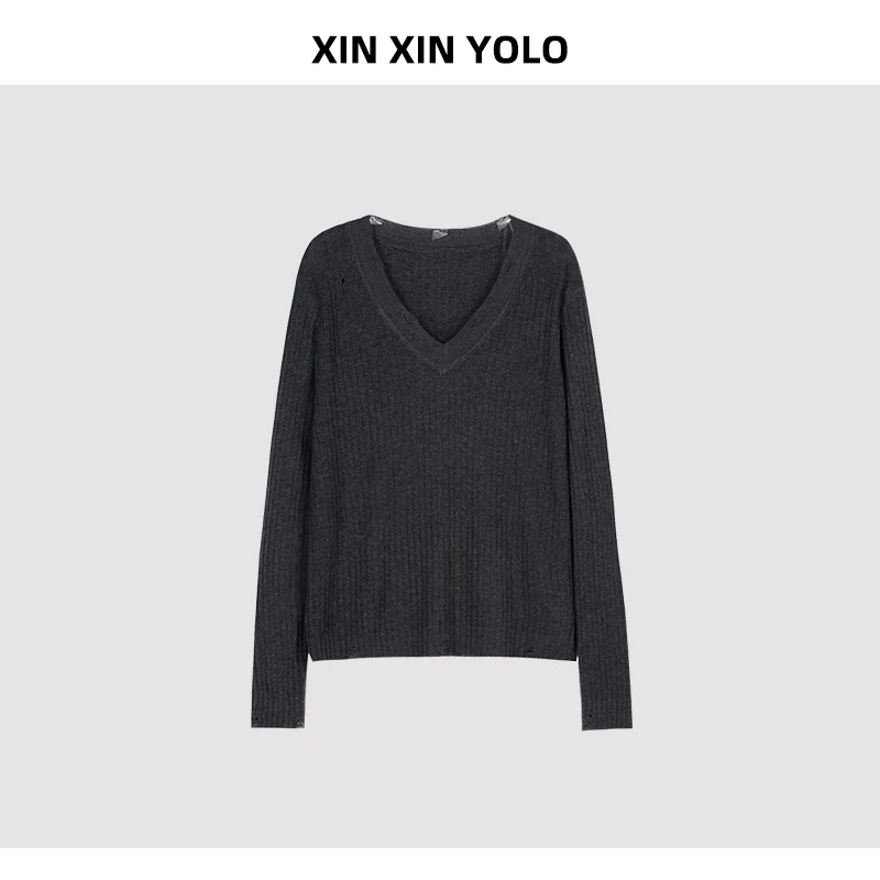 早春新款高级感V领宽松破洞设计显瘦时尚针织衫JC01S-2505