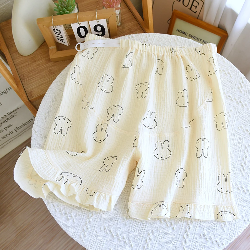 孕妇睡裤夏薄款短裤不勒肚子高腰托腹可调节纯棉纱布大码家居裤子