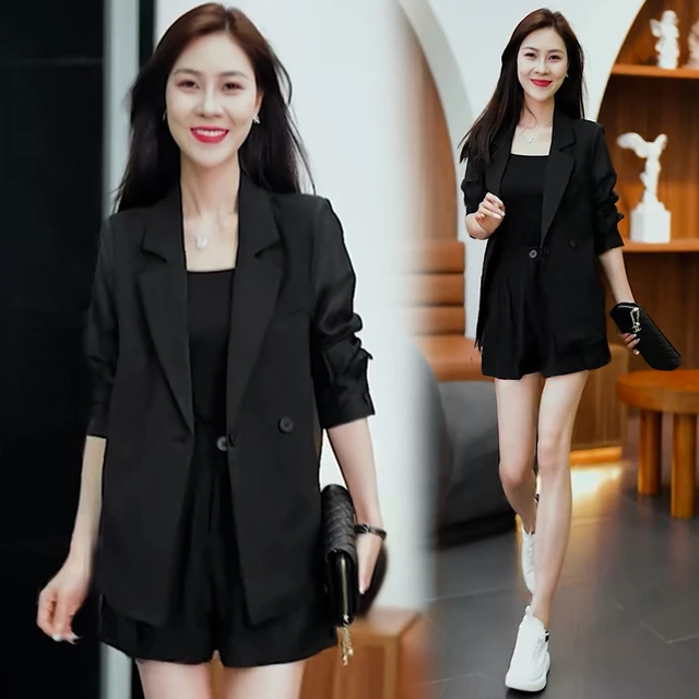 时尚休闲套装女夏季新款宽松百搭大码显瘦职业西装拼接短裤两件套