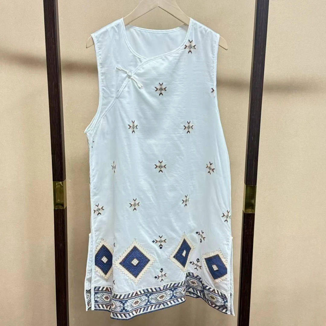 （8622衬衫）民族风刺绣长款无袖衬衫80