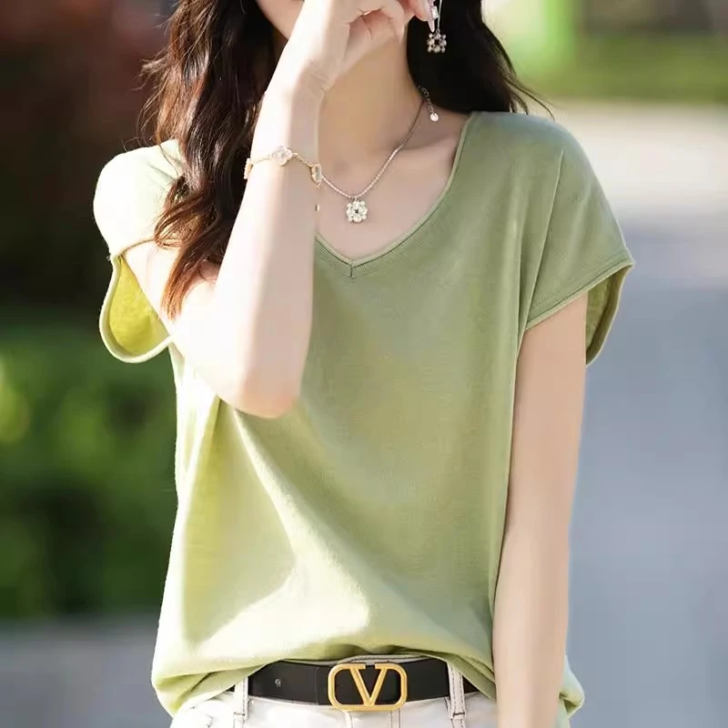 绿色针织短袖女t恤夏季新款宽松显瘦遮肉v领上衣薄款气质体恤衫