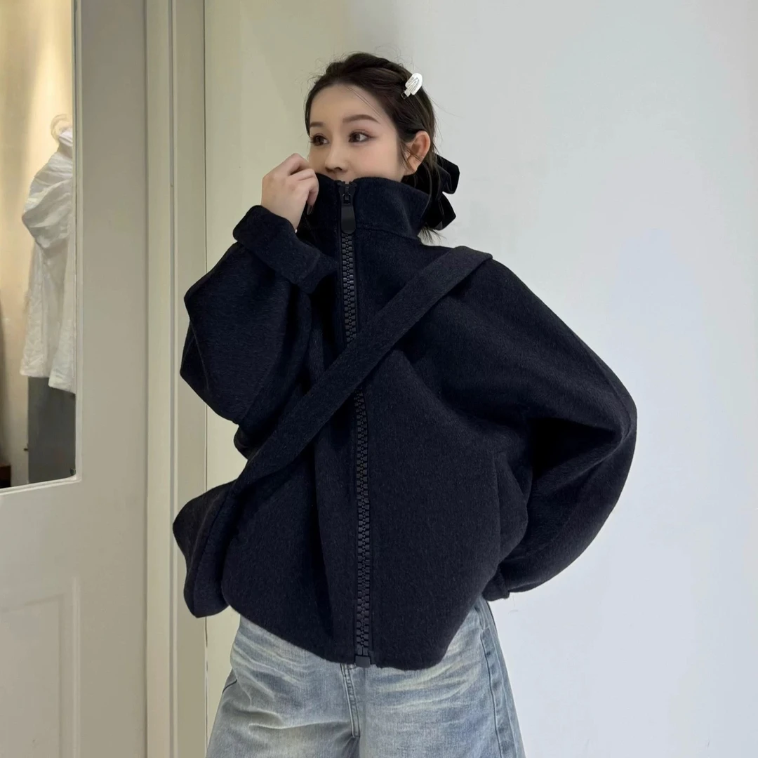 双面羊毛大衣女短款2025新款秋冬小个子宽松高级感毛呢外套立领