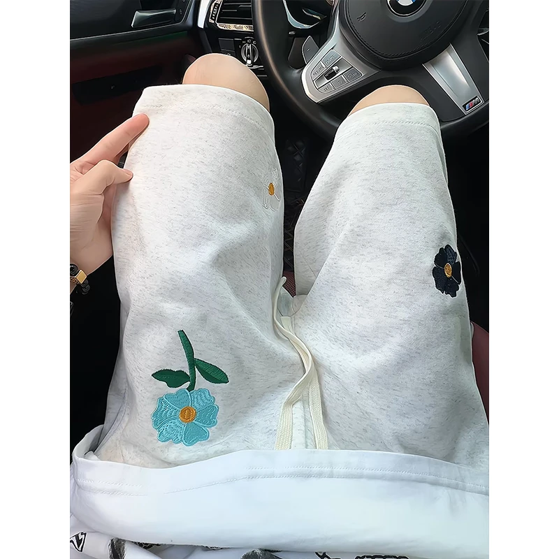 灰色美式复古小花刺绣短裤男款夏季潮牌宽松慵懒风裤子情侣五分裤