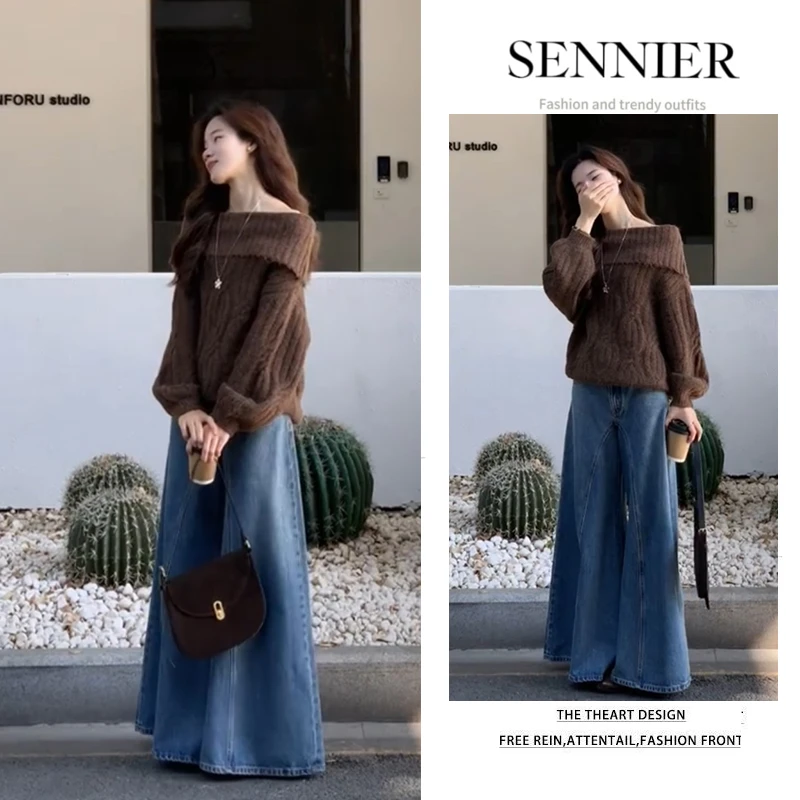 秋季温柔系穿搭女2025新款韩版时尚露肩针织长袖阔腿牛仔裤两件套