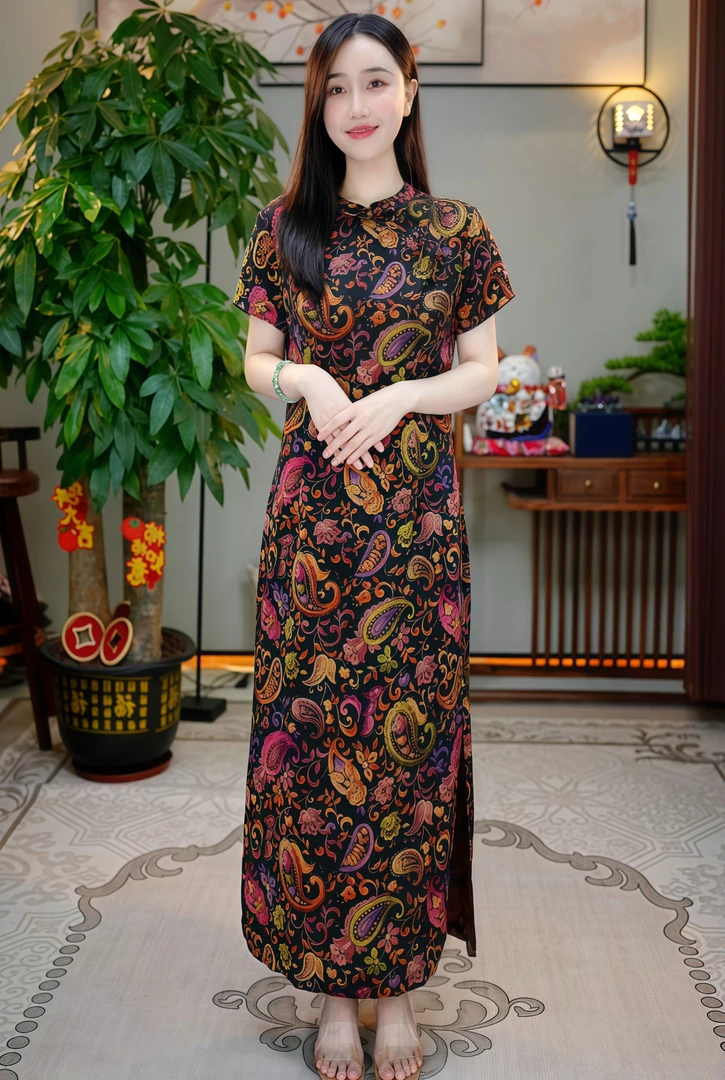 香云纱【金腰果】香云纱旗袍长裙J25078-2