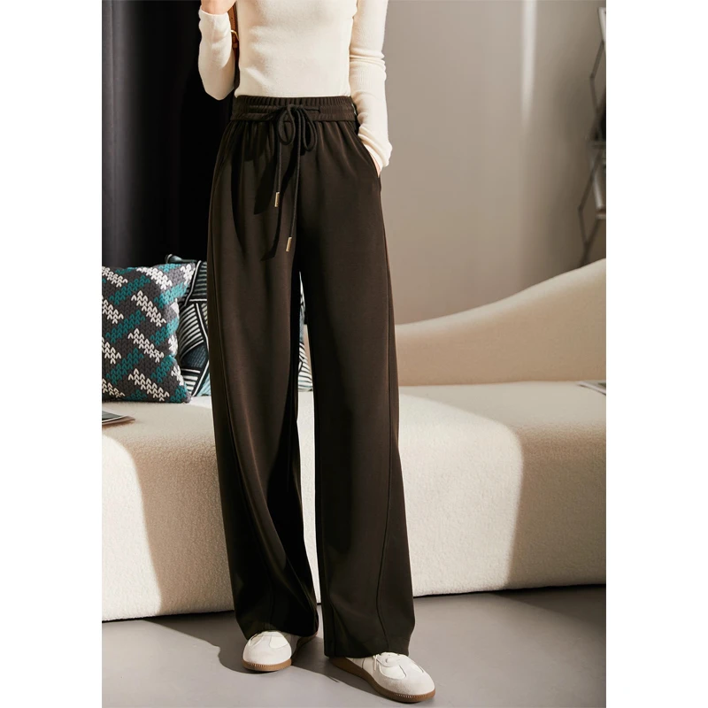 高级感加厚保暖阔腿直筒裤女秋冬 抽绳橡筋腰宽松显瘦气质休闲裤