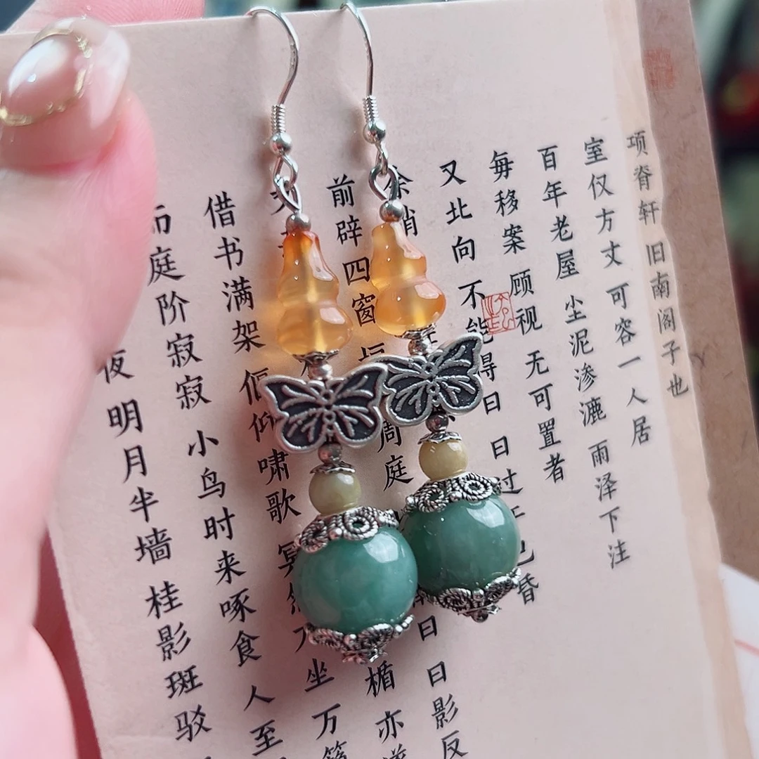 银S925镶嵌翡翠挂件耳环