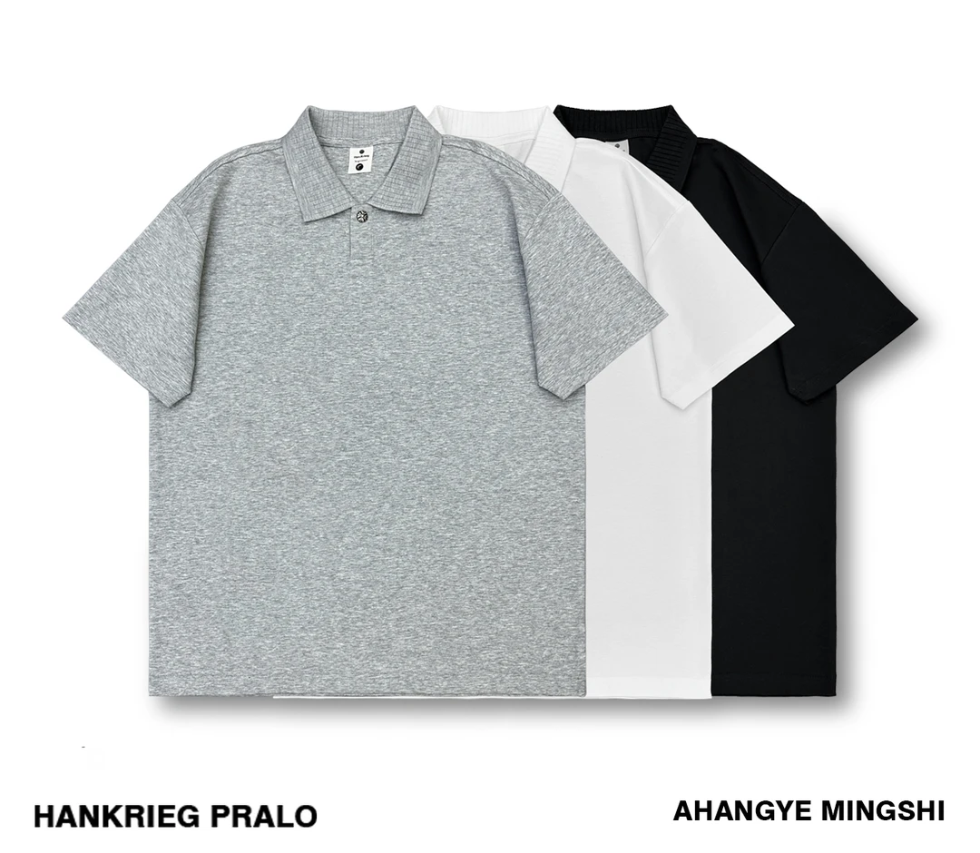 夏季上新 高级感型格子Polo衫夏季落肩POLO衫纯色男士美式风