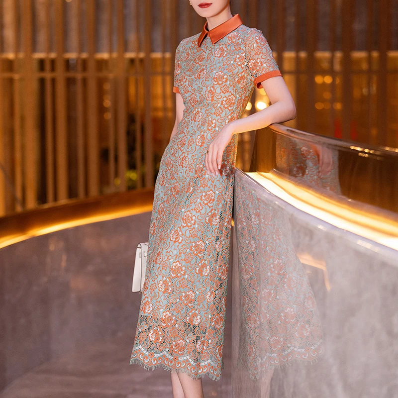 橘韵雅颂-2025年夏季新款双色蕾丝拼接醋酸修身连衣裙