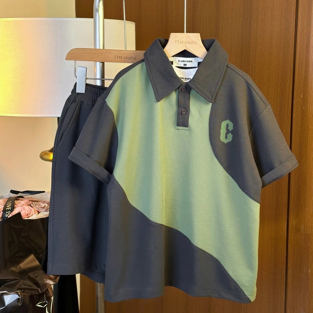 男女童2025夏季新款酷帅拼色套装短袖POLO运动休闲时尚两件套童装