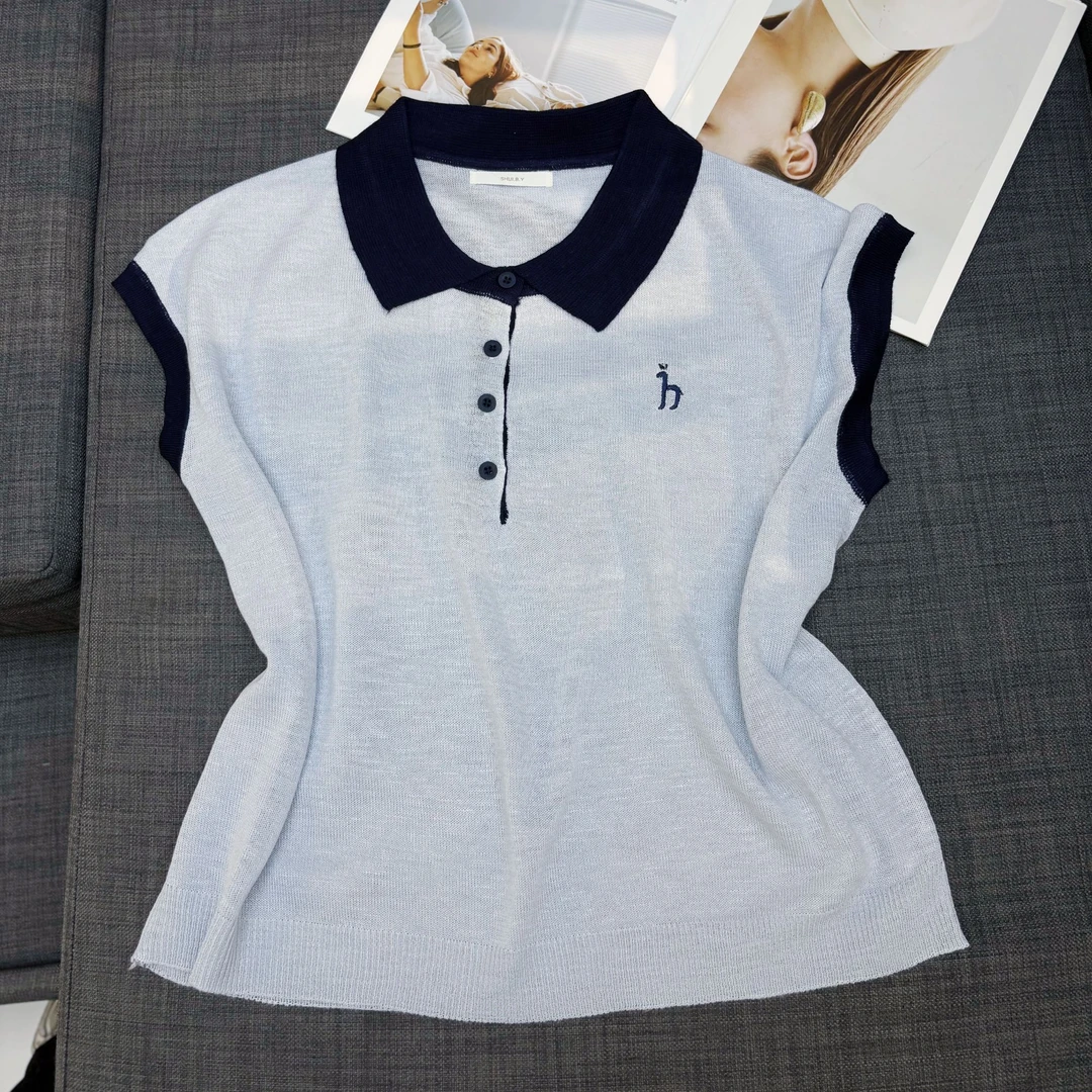 【墨瑧精选】夏季薄款时尚复古Polo领刺绣小马宽松针织衫66069
