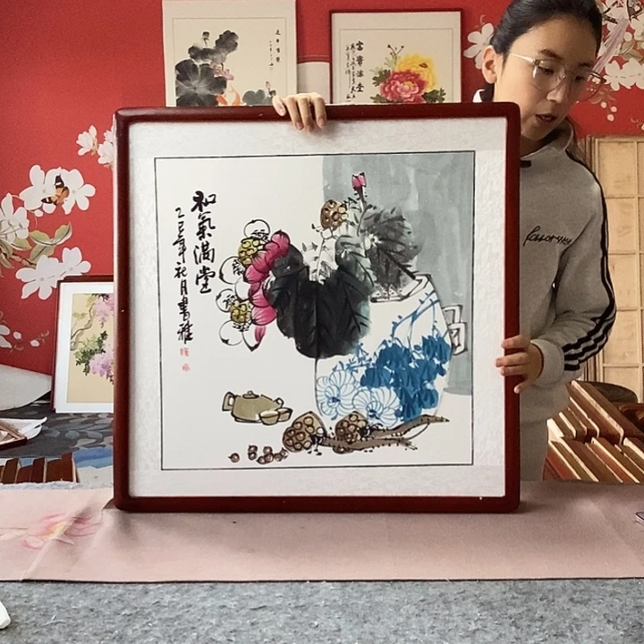 国画手写手绘带框包邮国画作品62✖️62