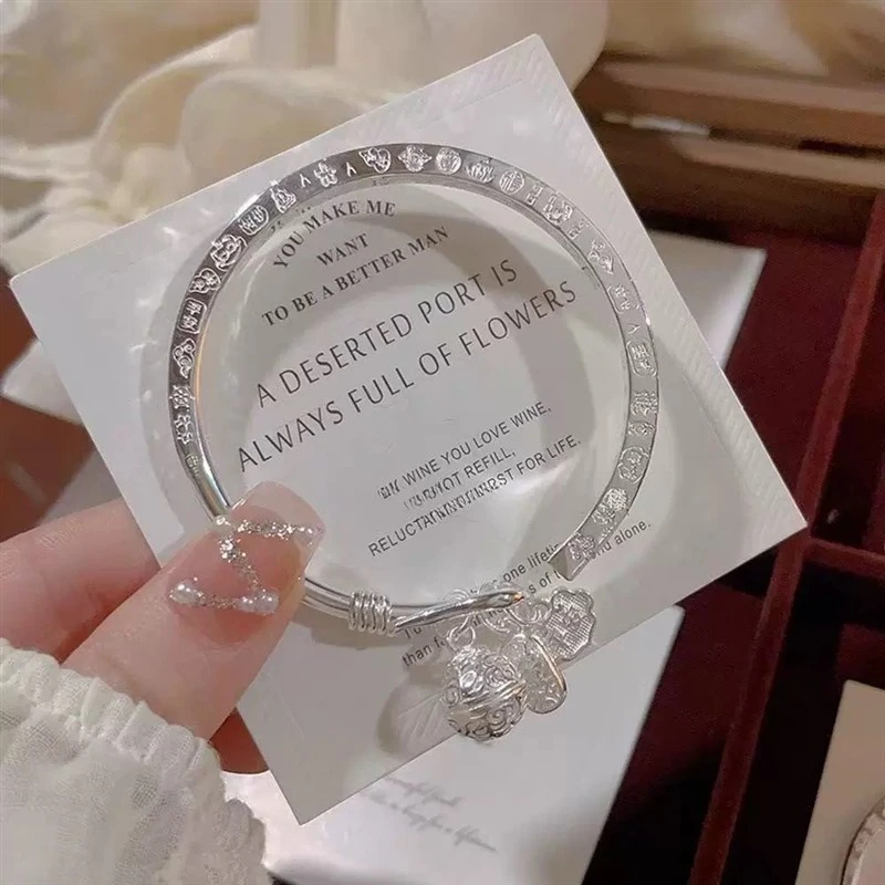 足银手镯5号链接足银999.9四方吉言吊坠开口小众百搭时尚经典