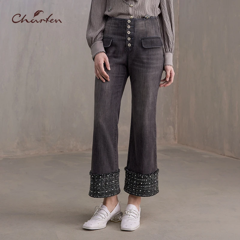 CHAFEN朝峰秋冬季高腰阔腿小香拼接喇叭牛仔裤CFE3F100-1016P