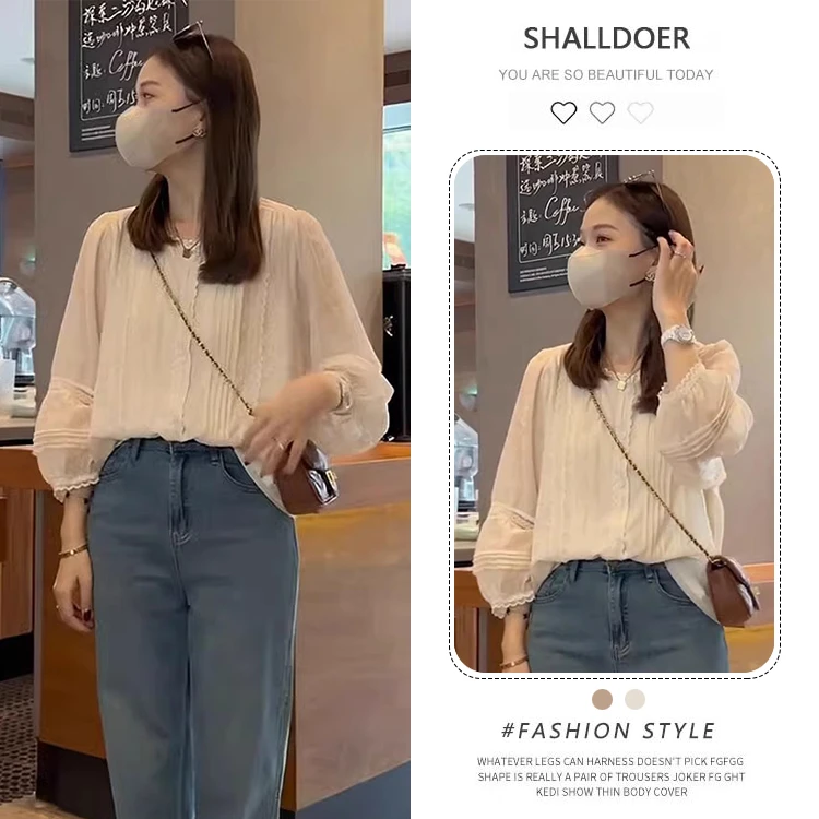 法式蕾丝拼接设计圆领长袖衬衫女2025春秋韩系宽松气质泡泡袖上衣