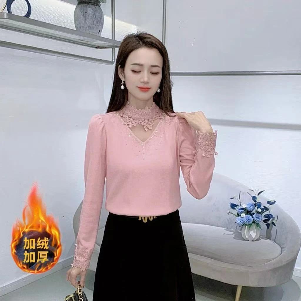 A9079法式时尚长袖T恤女花边拼接半高领冬季新款显瘦百搭洋气上衣