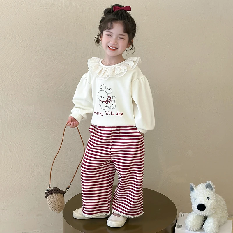 女童秋季新款时尚洋气儿童日系花边小狗卫衣条纹阔腿休闲感裤套装