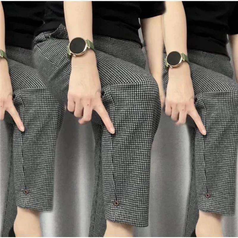 2025春夏款洋气千鸟格直筒休闲裤新款时尚百搭高腰显瘦九分萝卜裤