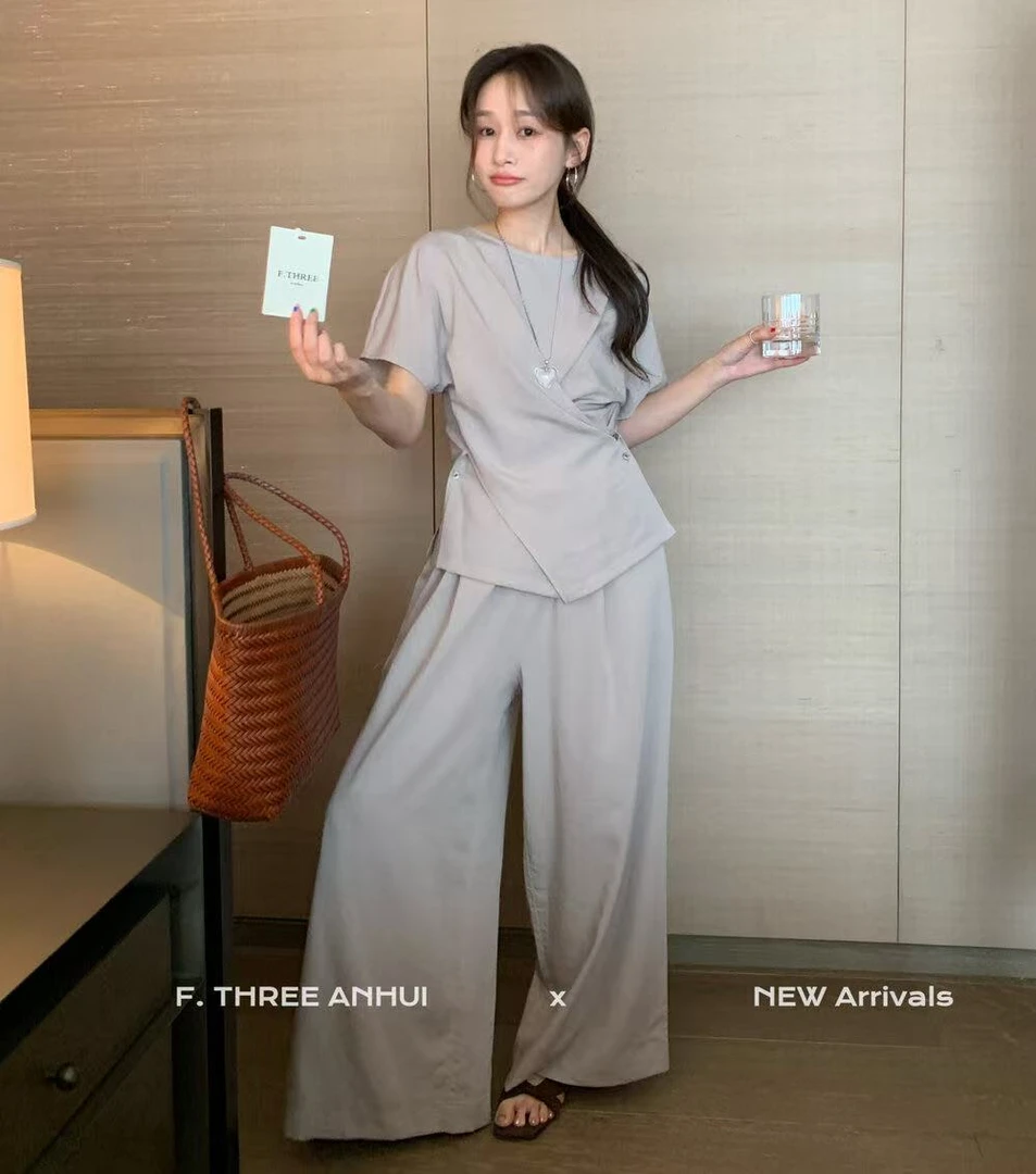 99008#(两件套)韩系纯色松弛感随性小衫+垂感百搭休闲裤