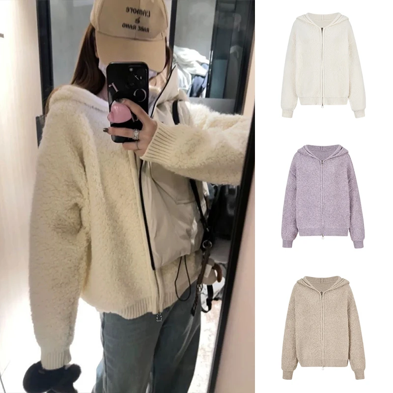 韩系秋季新款奶白色羊羔毛连帽针织开衫毛衣外套女双拉链上衣