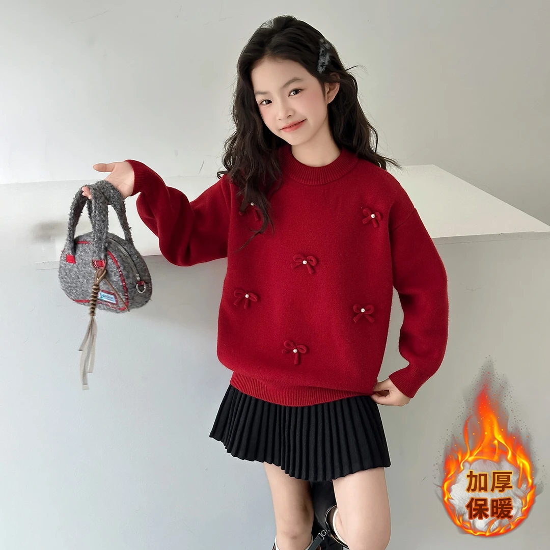 女童秋冬款毛衣2025新款女大童立体蝴蝶结珍珠针织衫儿童洋气线衣