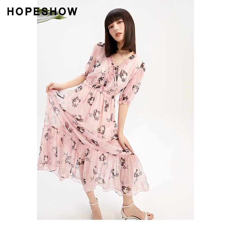 红袖夏季新款女装 印花收腰木耳边拼接V领连衣裙89123181629