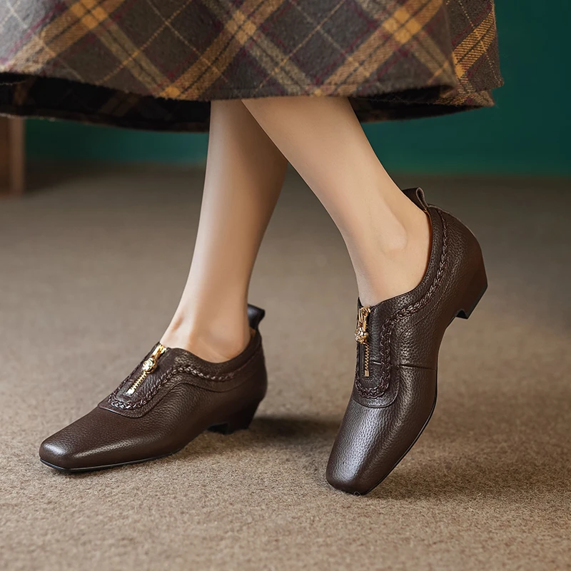 3cm/羊皮/真皮深口小皮鞋女时尚休闲复古方头中跟软底四季单鞋女