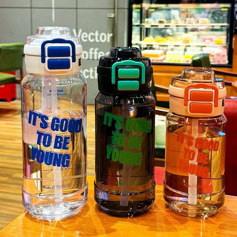 高颜值新款加厚ins风二合一手提食品级耐高温双饮吸管塑料大水杯