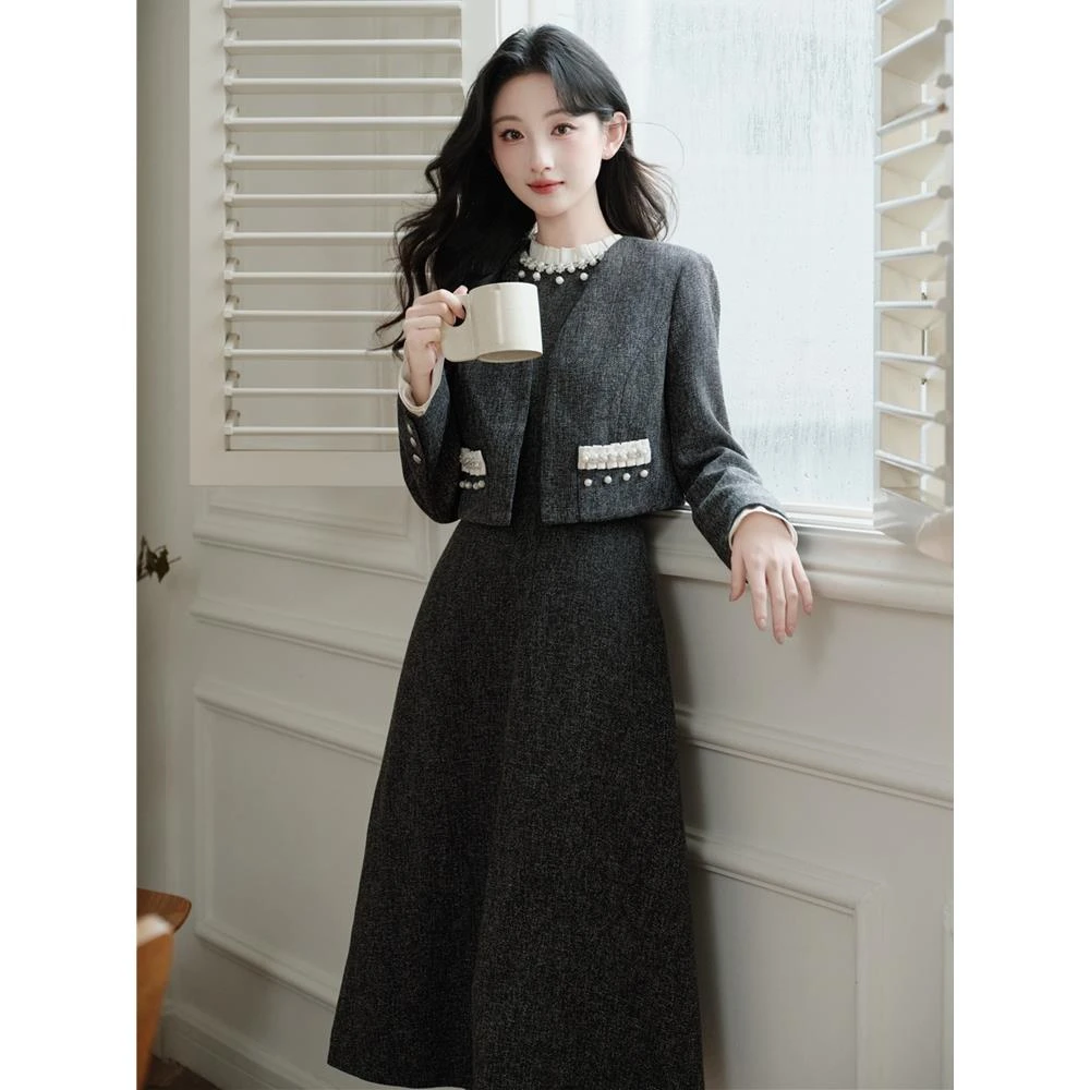 富家千金系穿搭女秋冬新款法式小香风气质西装外套连衣裙套装