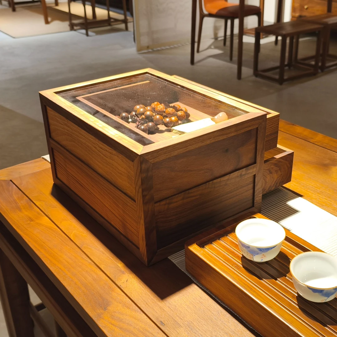 北美黑胡桃榆木实木双抽顶玻璃柜门收纳柜实用美观家居储物茶柜