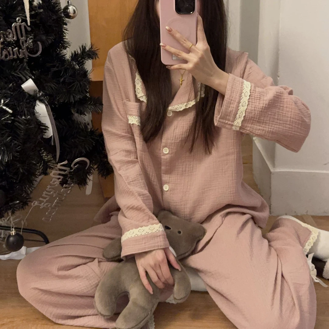 小众阔腿开叉花边重工春秋睡衣女纯棉长袖长裤双层全棉家居服套装