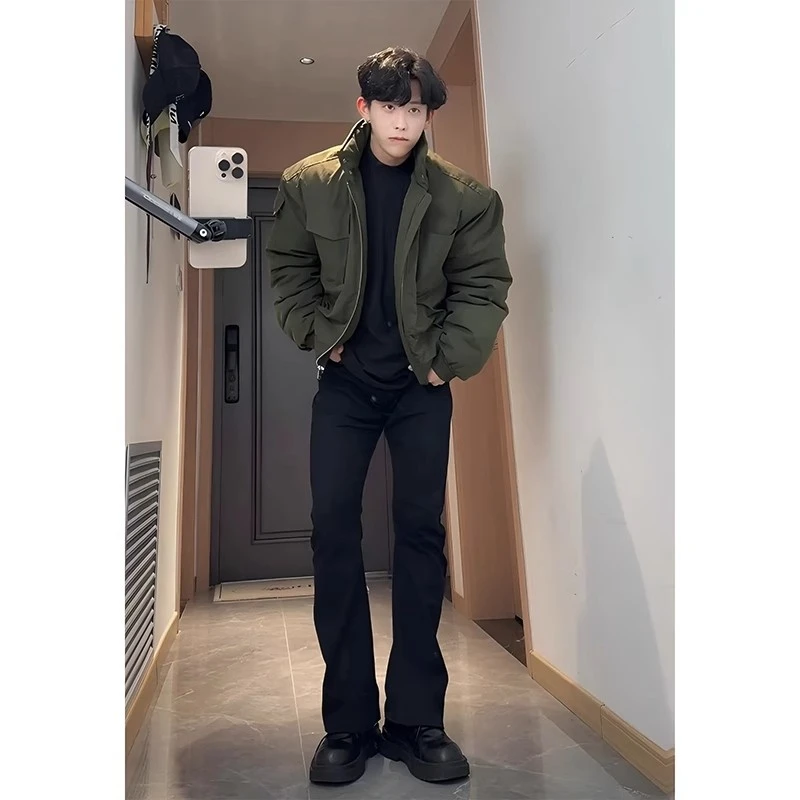 【序77专属】517黑色加绒弯刀牛仔裤男春秋款弹力显瘦直筒微喇裤子