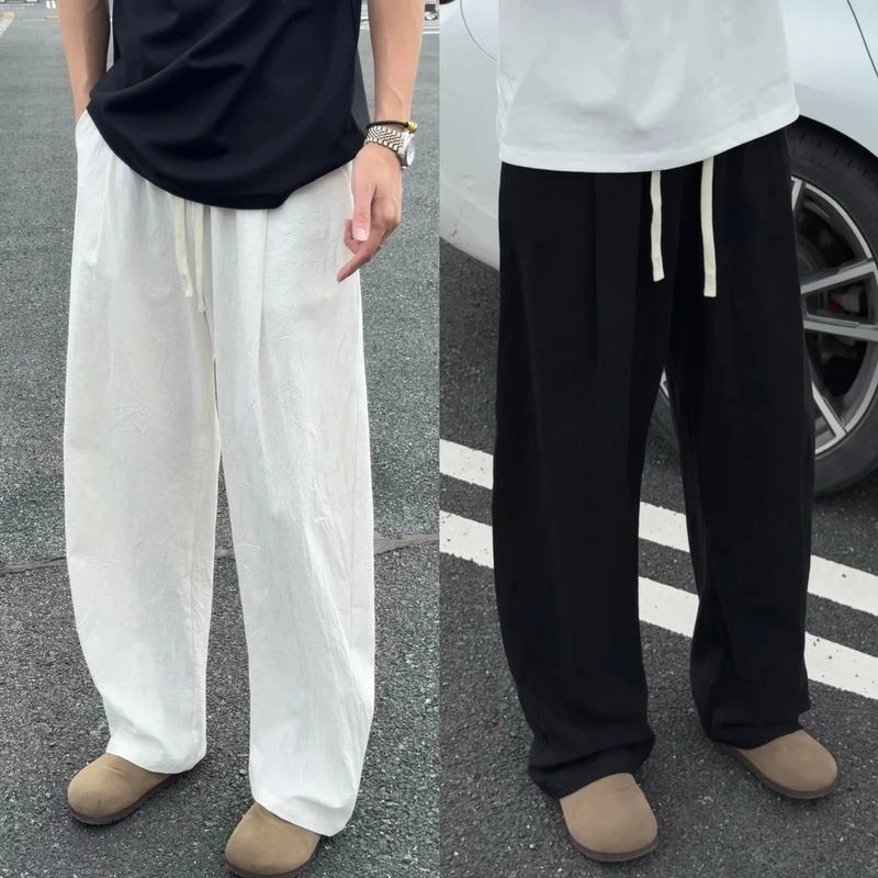 棉麻天丝肌理感弯刀裤子男夏季阔腿灯笼直筒老钱风百搭薄款透气