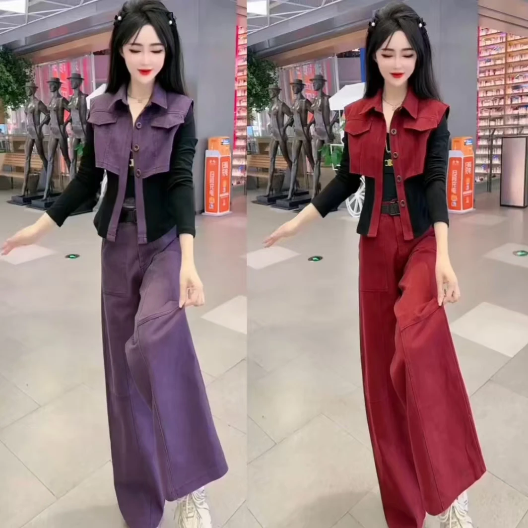 韩版时尚美式街头风套装女红色新款洋气显瘦拼接减龄长袖衫阔腿裤