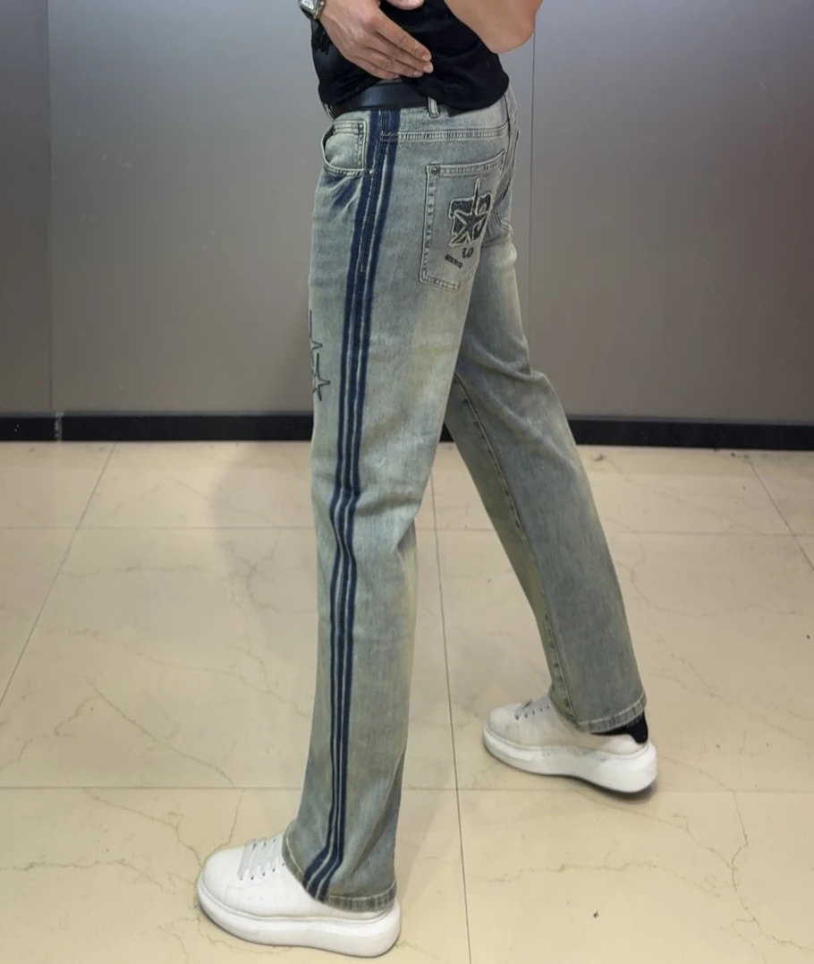 复古提花春夏男士男款微阔牛仔裤修身裤子百搭宽松弹力直筒裤休闲