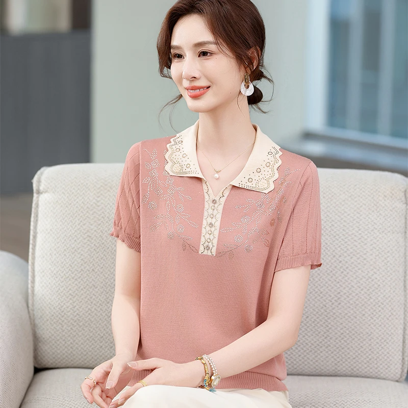 妈妈装中老年夏季翻领新针织衫短袖时尚百搭毛衫透气遮肉上衣穿搭