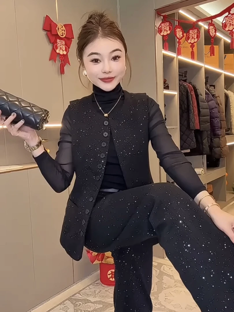 2025秋季女士穿搭秋冬两件套时尚套装小香风呢子马甲外套+裤子