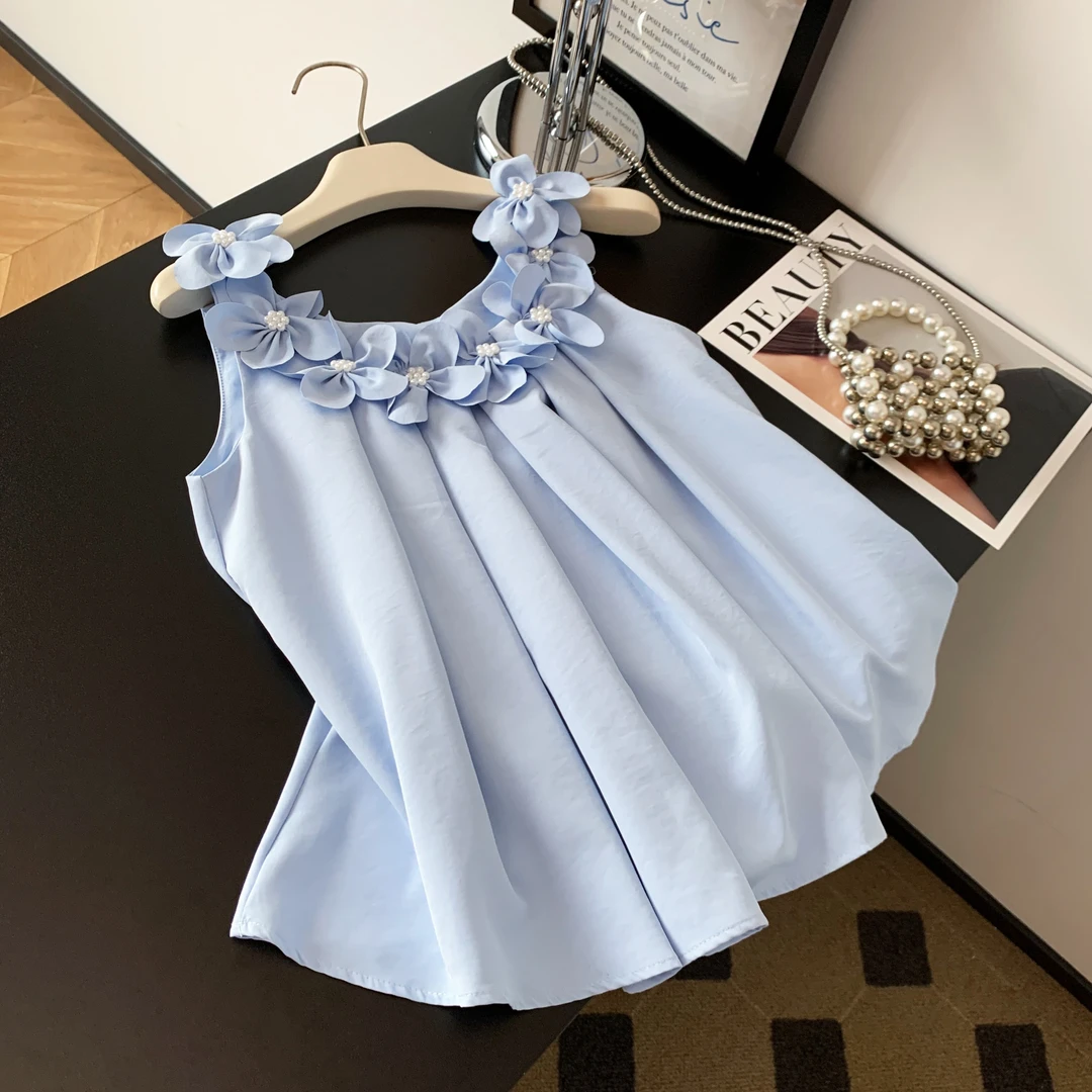 韩系甜美立体花朵无袖背心衬衫女夏季2025新款设计感别致减龄上衣