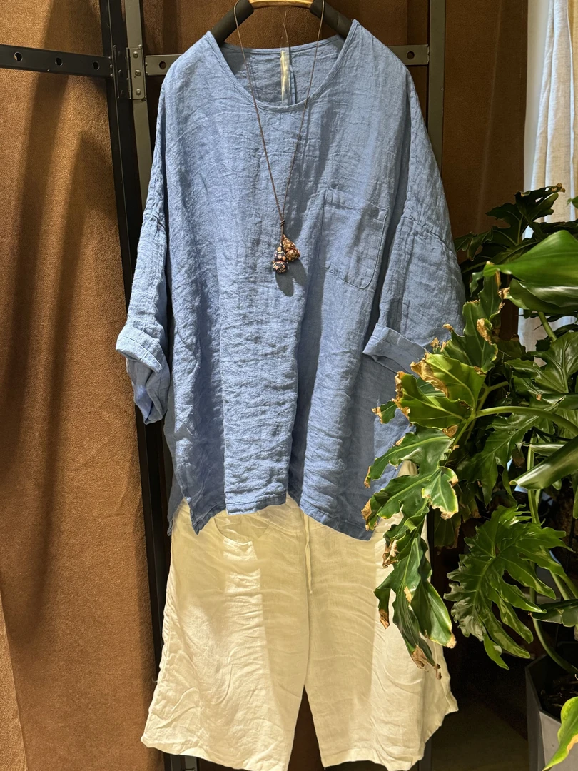 【馥香·语录亚麻系列】夏季新款百搭纯雨露亚麻套头上衣