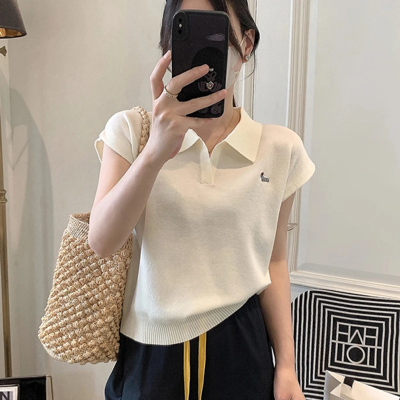 夏季女装Polo领针织短袖t恤女设计感小众洋气时尚小个子显瘦上衣