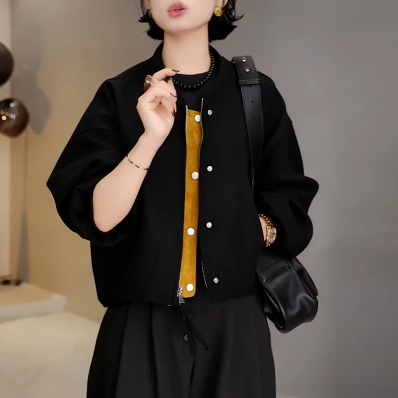 拼色不对称拉链圆领上衣女2025秋季新款高级感宽松显瘦减龄短外套