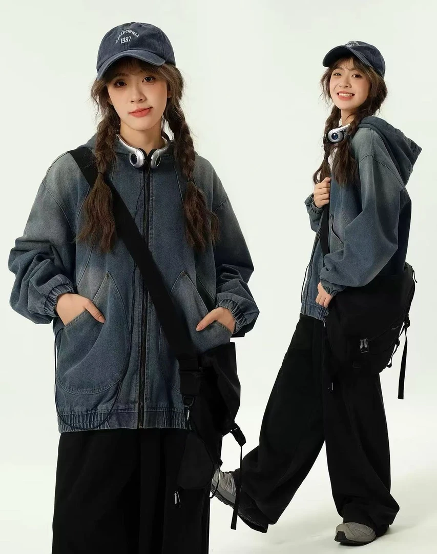 美式复古水洗做旧牛仔夹克男女秋季连帽宽松外套潮AB-46