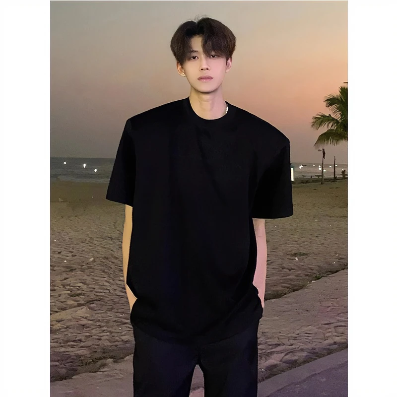 cleanfit黑色百搭短袖男夏季重磅美式正肩T恤小领口情侣五分半袖