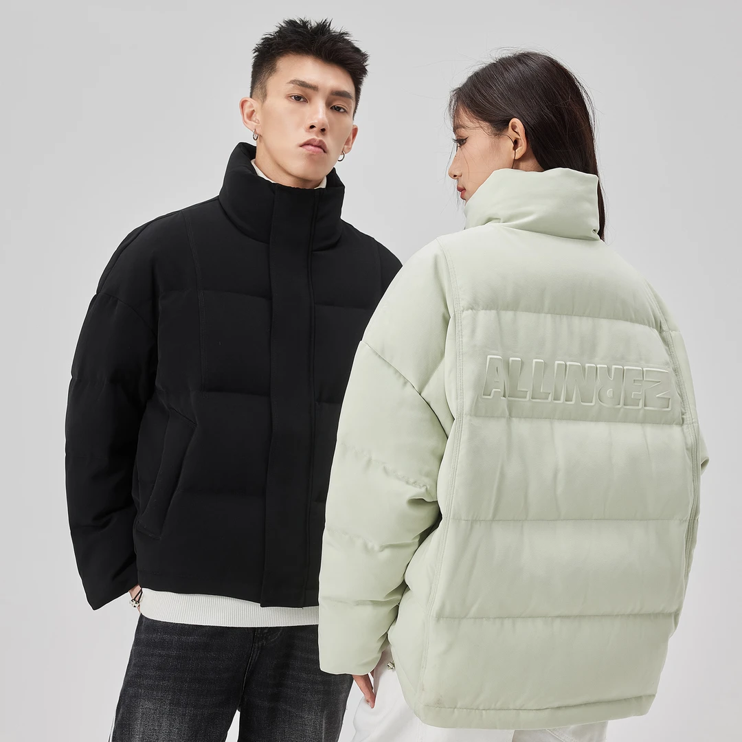 情侣立领羽绒服男女同款冬季加厚保暖面包服字母压印短款潮牌外套