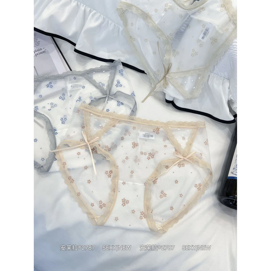 L-2787#（3条装）复古法式蕾丝半透中腰三角内裤
