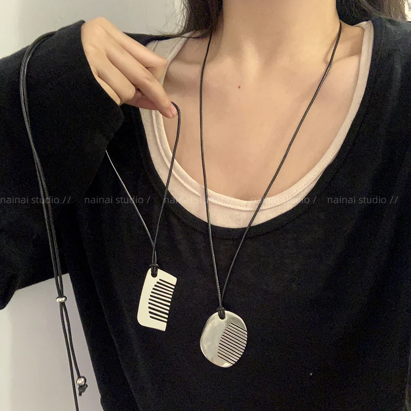 向日葵欧尼同款~银色梳子项链ins风韩系毛衣链小众设计感挂脖配饰