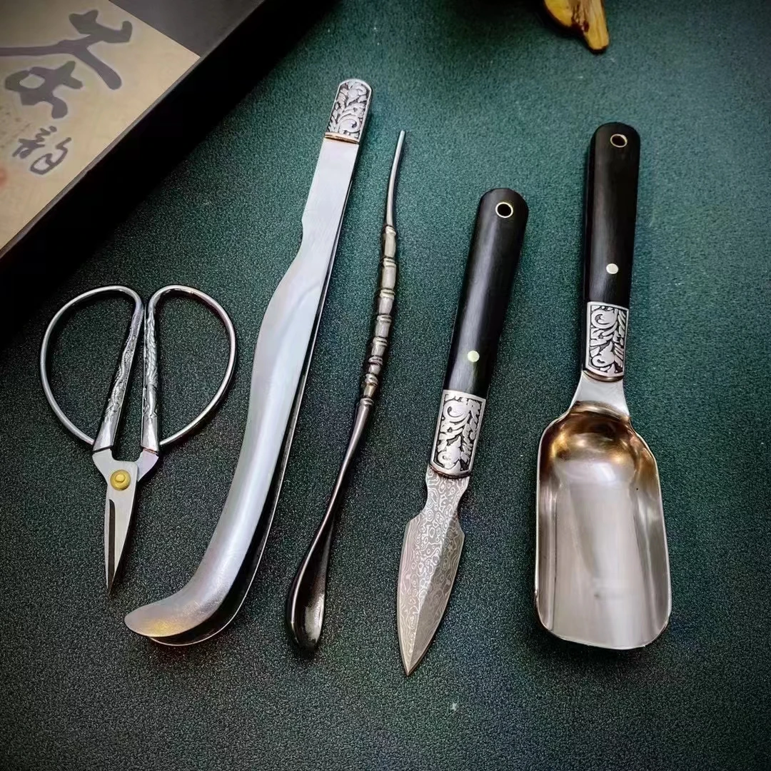 茶道五件套手工大马士革钢制作茶针黑檀木手柄